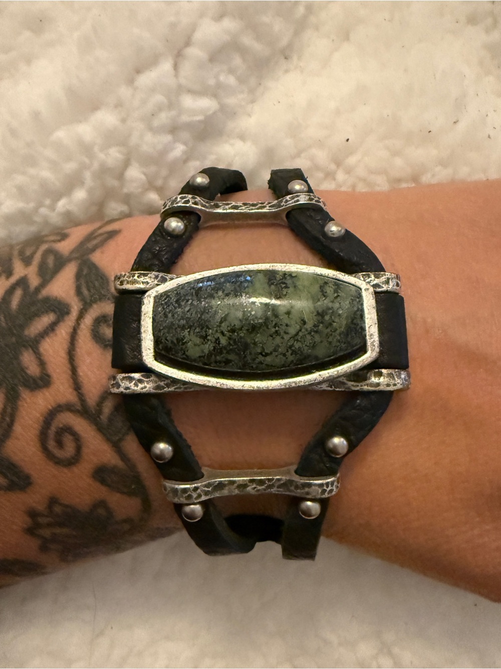 Leatherock Leather Cuff Bracelet with Green Stone Accent
